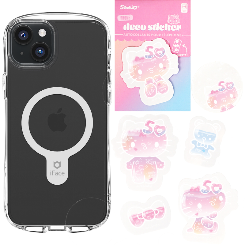 iPhone 15 Series Look in Clear MagSafe Case + Hello Kitty 50th Anniversary Deco Stickers