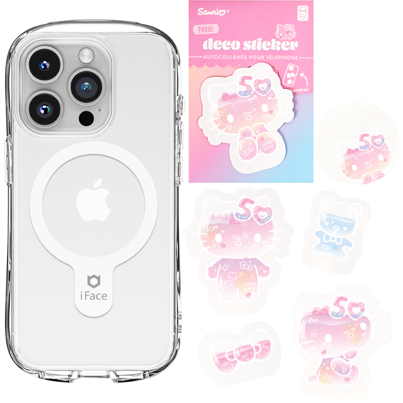 iPhone 15 Series Look in Clear MagSafe Case + Hello Kitty 50th Anniversary Deco Stickers